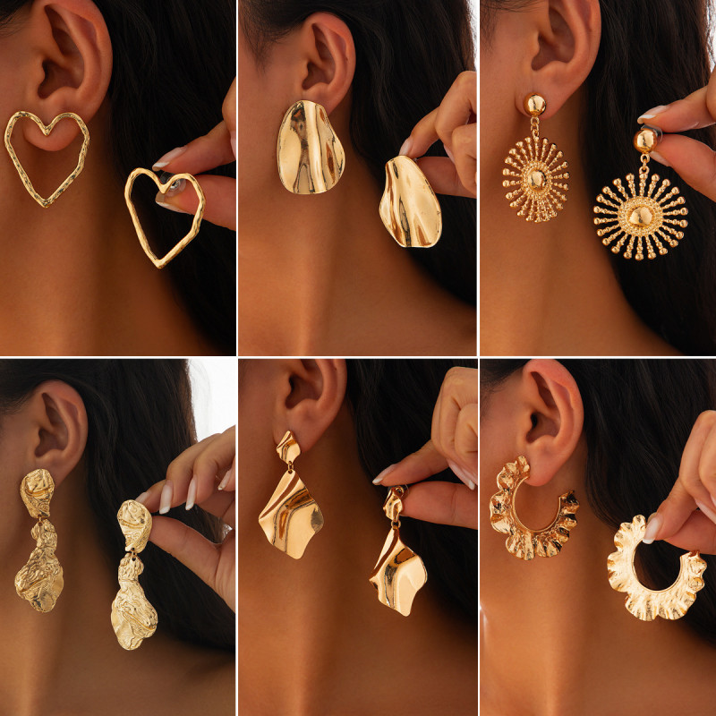 European and American Cross-Border Jewelry INS Personality Wrinkled Hollow Heart Earrings Multiple Combinations Sunflower Alloy Earrings