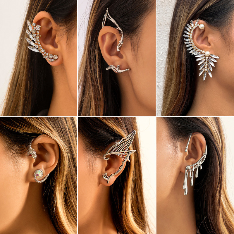 European and American Cross-Border Earrings Design Sense Personality Elf Non-Pierced Ear Cuffs Ear Clips Rhinestone Ear Cuffs Trendy Women