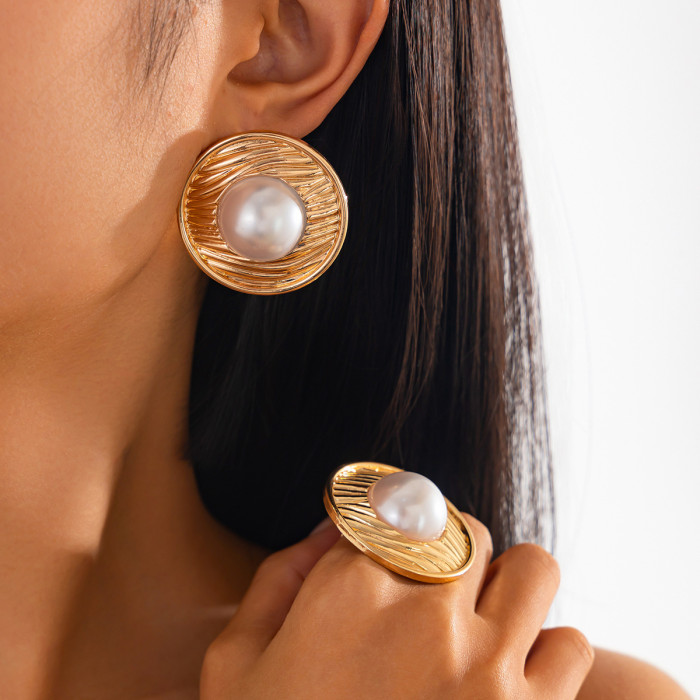 Ins Exaggerated Metal Style Wrinkled Imitation Pearl Earrings Personality Sweet Cool Line Earring Set, Jewelry Sets