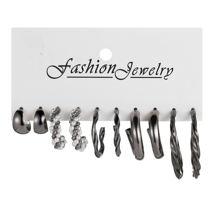 Europe and America Cross Border Alloy Ear Ring Square Geometric Earrings Suit 6-Piece Set Vintage Pearl Card Earrings...