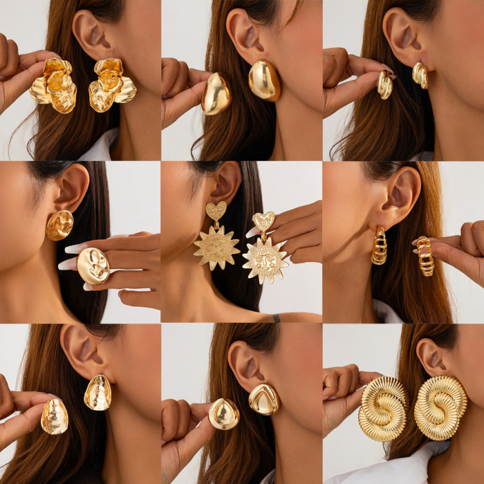European and American Cross-Border Jewelry Exaggerated Sunflower Alloy Earrings Round Irregular Geometric Earring Set
