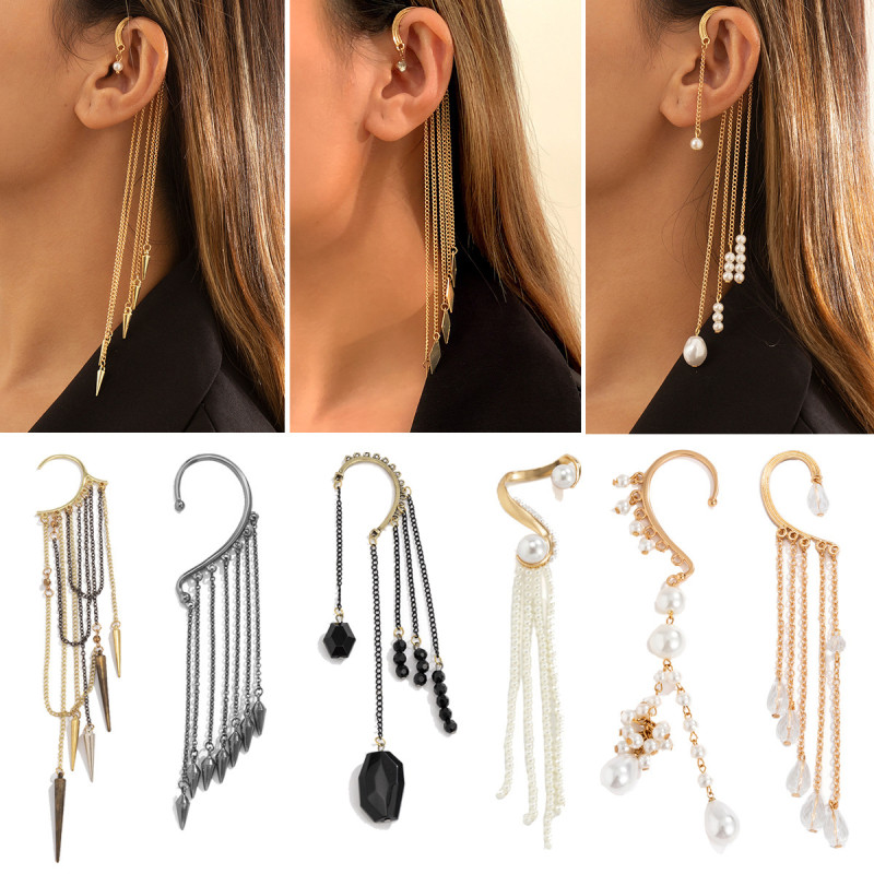 European and American Cross-Border Pearl Tassel Ear Cuff Without Piercing Exaggerated Alloy Rivet Single Personality Ear Bone Clip Trendy Tassel
