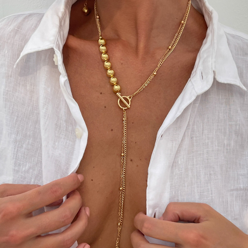European and American Cross-Border Jewelry Simple CCB Copper Bead Chain Earrings Necklace Set Ins Design Sense OT Buckle Alloy Choker