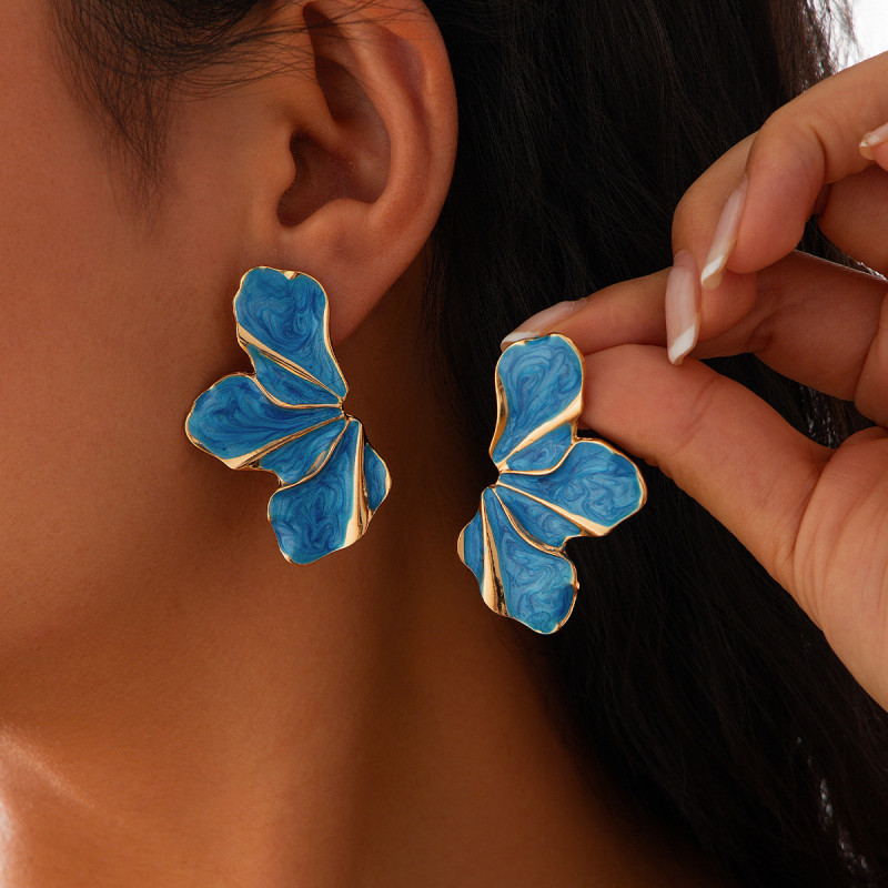 European and American Cross-Border Jewelry Sweet Gradient Color Oil Drop Flower Earrings Fresh and Simple Foldable Irregular Alloy Earrings