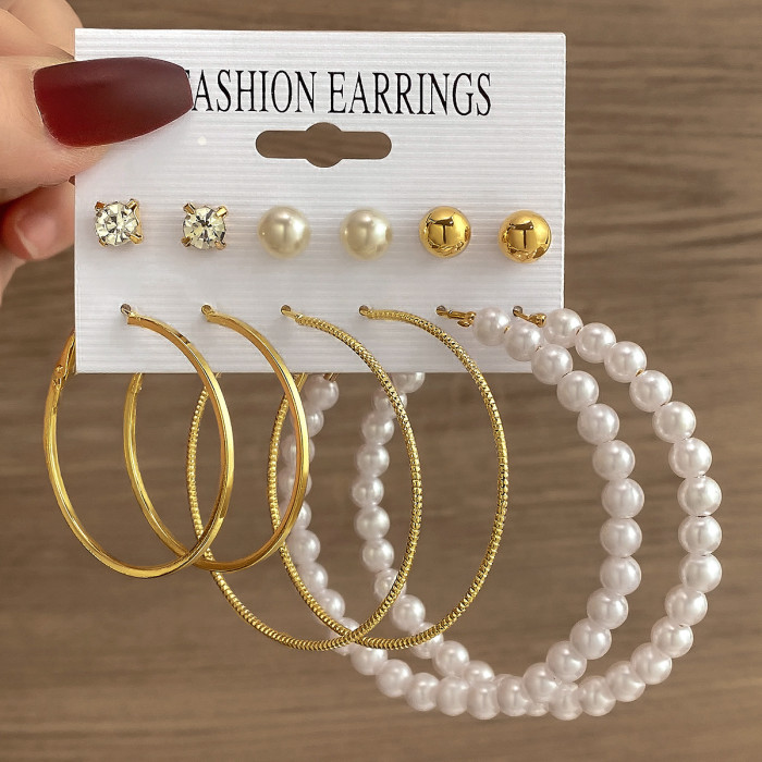 Metal Colorful Rice Bead Hoop Earrings Geometric Round Pearl Stud Earrings Vintage Earring Set 6-Piece Set for Women,...