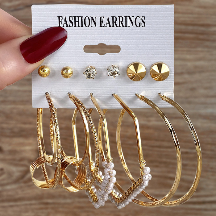 Metal Colorful Rice Bead Hoop Earrings Geometric Round Pearl Stud Earrings Vintage Earring Set 6-Piece Set for Women,...