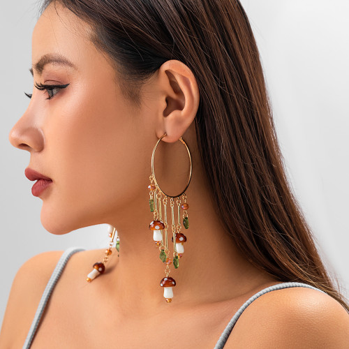 European and American Cross-Border Jewelry Exaggerated Large Hoop Tassel Pendant Earrings for Women Ethnic Style Mushroom Leaf Versatile Earrings