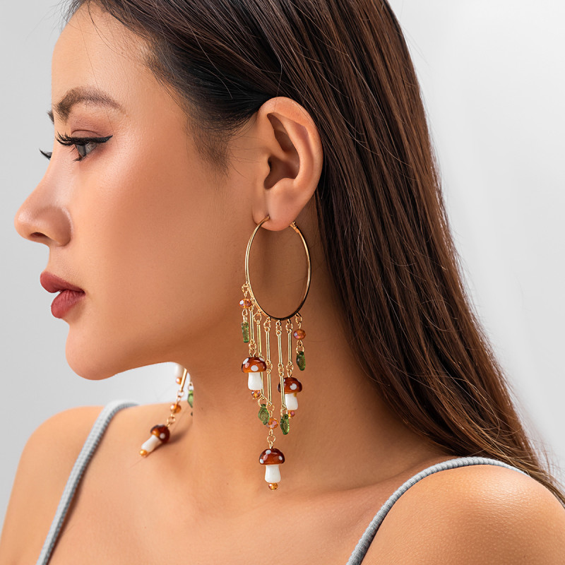 European and American Cross-Border Jewelry Exaggerated Large Hoop Tassel Pendant Earrings for Women Ethnic Style Mushroom Leaf Versatile Earrings