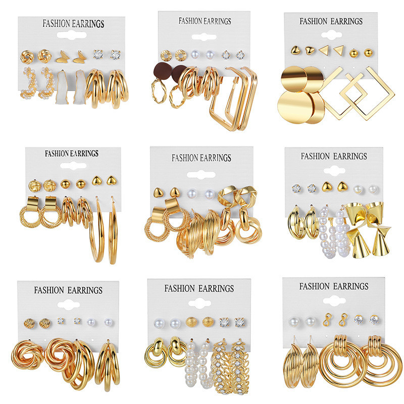 Europe and America Cross Border Alloy Ear Ring Square Geometric Earrings Suit 6-Piece Set Vintage Pearl Card Earrings Earrings