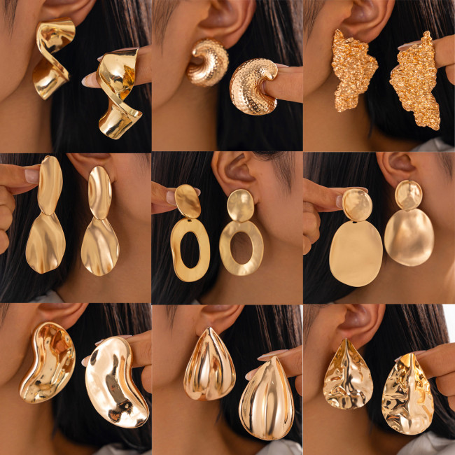 European and American Cross-Border Jewelry INS Foldable Water Drop Pendant Earrings Irregular Geometric Hammered Surface Earring Set