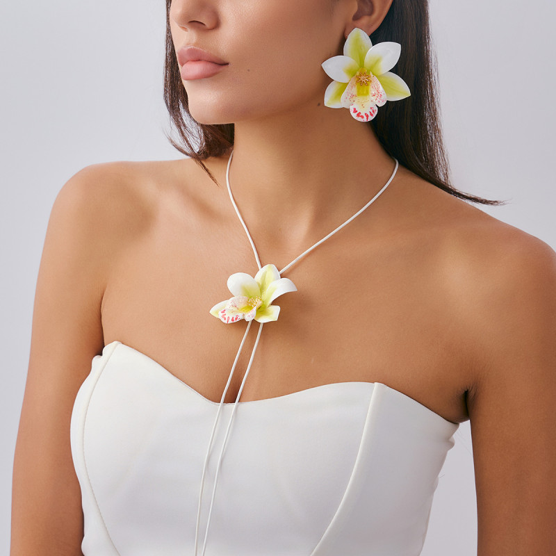 European and American Cross-Border Jewelry INS Sweet Style Three-Dimensional Flower Leather Wax Thread Necklace Simple Fashion Fabric Flower Earrings