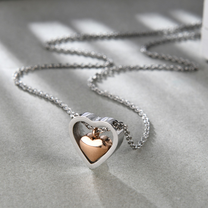 European and American Cross-Border Hot Sale Stainless Steel Fashion Versatile Hollow Double Heart Necklace Engravable Laser Logo Wholesale