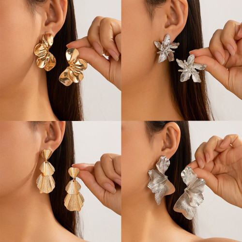 European and American Cross-Border Jewelry INS Personality Double Layer Five-Petal Flower Earrings Vintage Striped Leaf Tassel Earrings