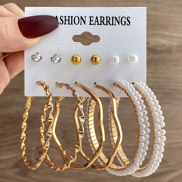Metal Colorful Rice Bead Hoop Earrings Geometric Round Pearl Stud Earrings Vintage Earring Set 6-Piece Set for Women,...