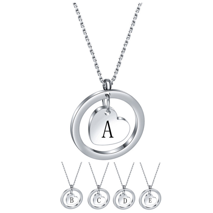 304 Stainless Steel 26 Letters Round Hollow Heart Initial Necklace Name Engraving Couple Gift Necklace