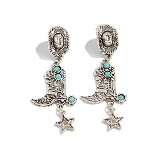 European and American Cross-Border Jewelry Denim Style Hat Pendant Earrings Personality Pop Style Imitation Turquoise Metal Earrings