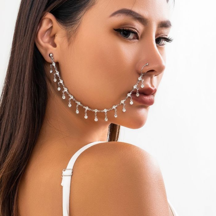 Ethnic Style Piercing Jewelry Earrings Women's Chain Nose Stud Stage No Piercing Rhinestone Tassel Nose Ring