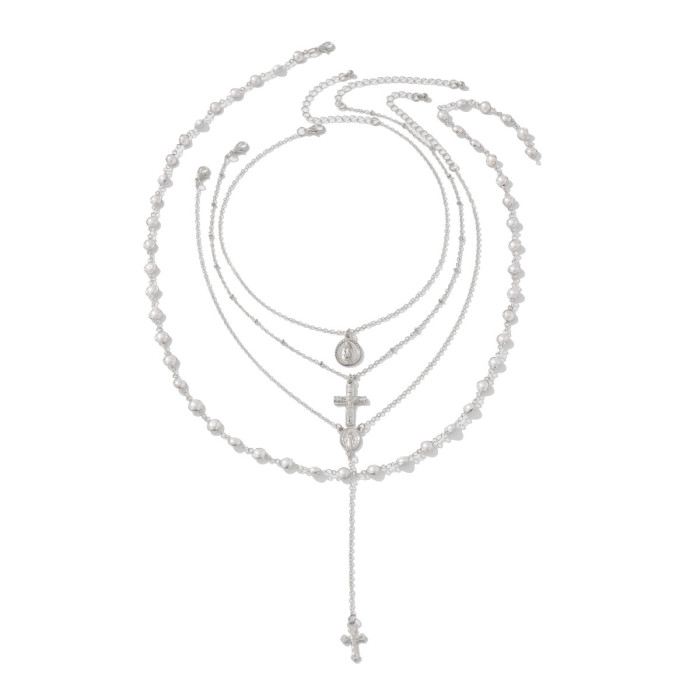 European and American Cross-Border Jewelry Hot Girl Cross Metal Pendant Necklace Elegant Pearl Beaded Y-Shaped Collarbone Chain Multi-Layer