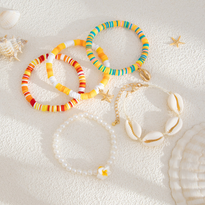 European and American Cross-Border Jewelry Bohemian Soft Clay Plumeria Bracelet Vacation Starfish Shell Alloy Pendant Bracelet