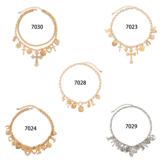 Jewelry Hip-Hop Style Stone-Studded Cross Pendant Collarbone Chain Personality Versatile Heart Alloy Necklace, Earr...