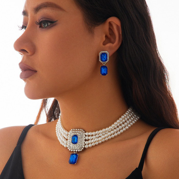 Jewelry Fashionable Imitation Pearl Necklace Set Light Luxury Geometric Alloy Multi-Layer Collarbone Chain