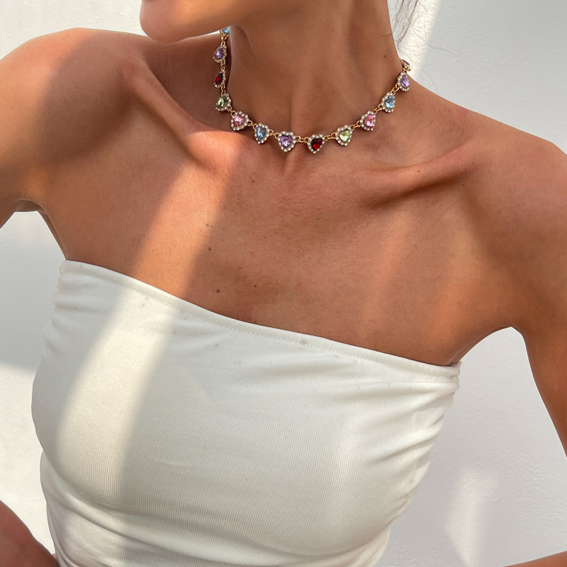 European and American Cross-Border Jewelry Personality Simple Inlaid Heart Chain Necklace Fashion Trendy Women Nightclub Style Heart Choker