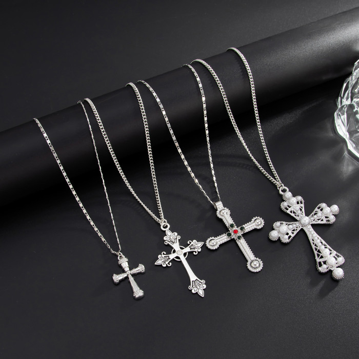 Hip-Hop INS Style Pearl Cross Pendant Necklace Versatile Metallic Chain Unisex Jewelry