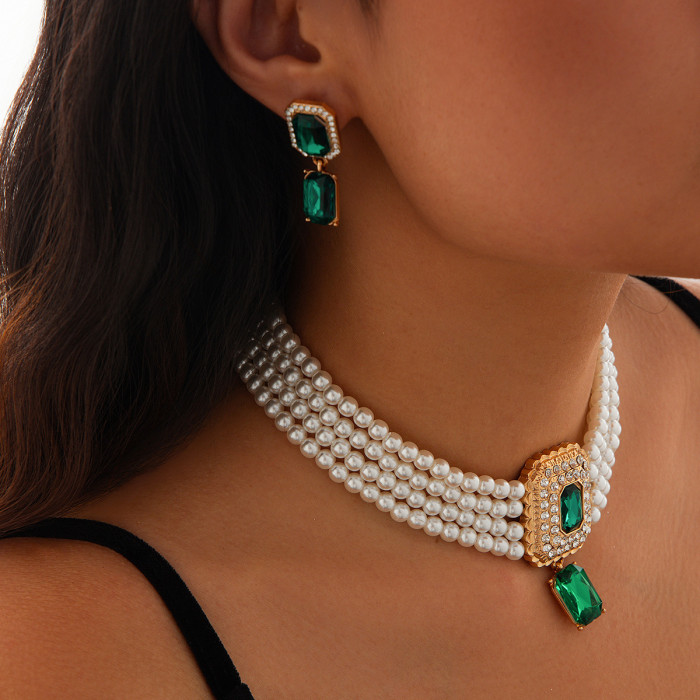 Jewelry Fashionable Imitation Pearl Necklace Set Light Luxury Geometric Alloy Multi-Layer Collarbone Chain