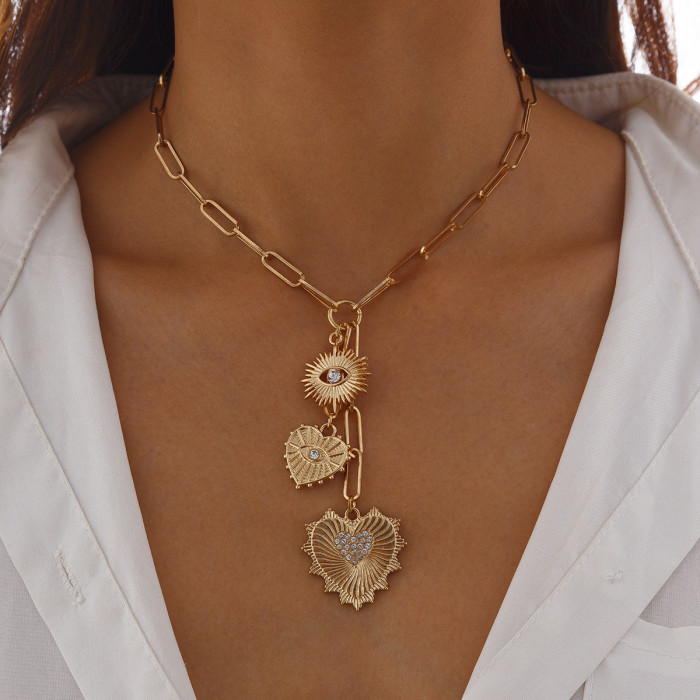 European and American Cross-Border Jewelry INS Zircon Sun Necklace for Women Minimalist Heart Alloy Pendant Clavicle Chain