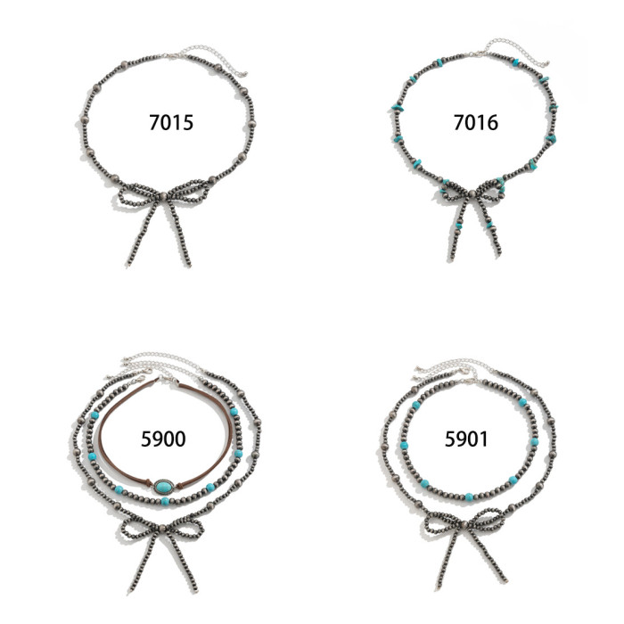 Jewelry Bohemian Bowknot Beaded Necklace Turquoise Western Cowboy Collarbone Chain Set
