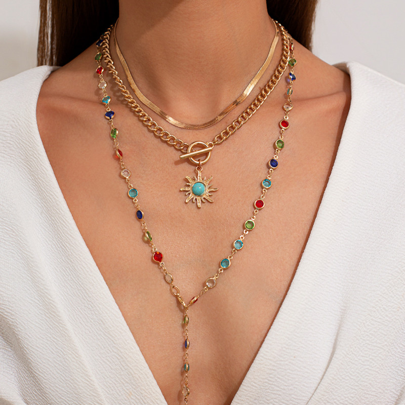 European and American Cross-Border Jewelry Sunflower Colorful Crystal Chain Necklace Sweet Style Tassel Alloy Multi-Layer Clavicle Chain