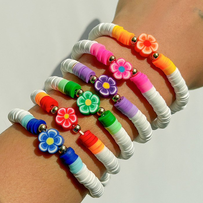 European and American Cross-Border Jewelry Bohemian Iridescent Flower Pendant Bracelet Soft Clay Elastic CCB Bracelet Set