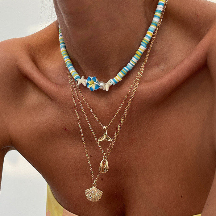 Jewelry Bohemian Colorful Soft Clay Beaded Necklace Beach Scallop Fish Tail Alloy Collarbone Chain