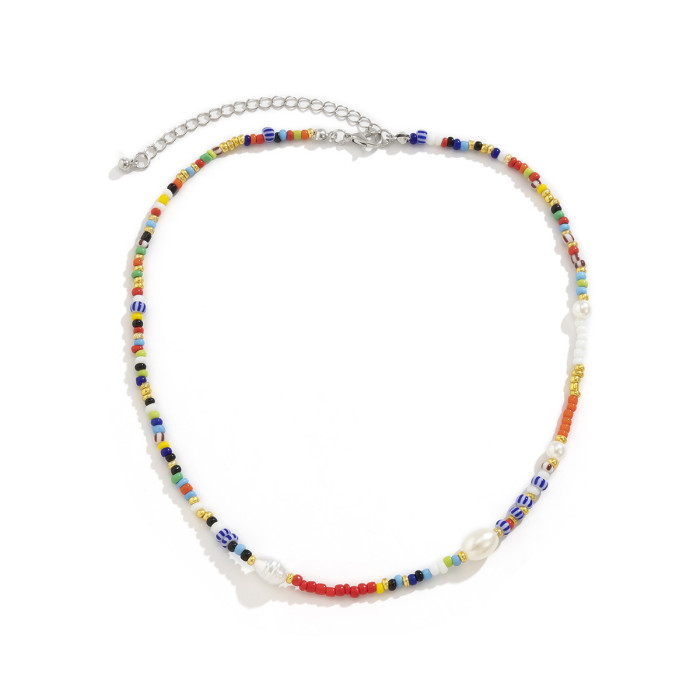 Vintage Woven Beaded Colorful Rice Beads Bee Simple Collarbone Chain Versatile Spliced Pearl Ethnic Necklace for Women