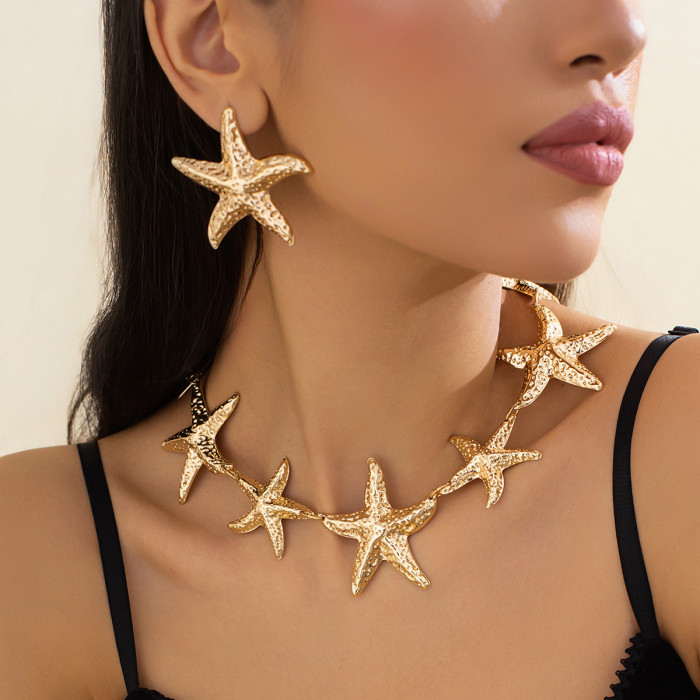Jewelry Fashion Metallic Starfish Pendant Necklace Handmade Spliced Five-Pointed Star Collarbone Chain Set