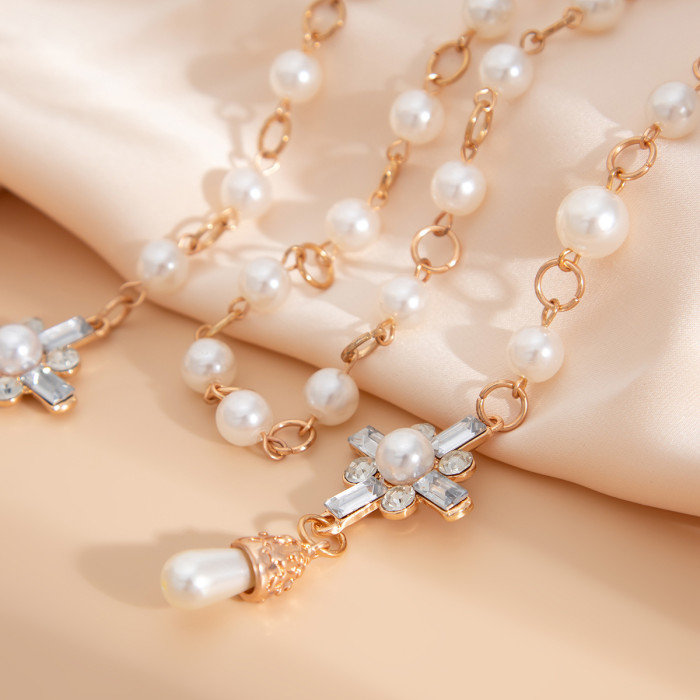 Jewelry Minimalist Style Cross Pearl Necklace Set Personality Versatile Tassel Alloy Collarbone Chain