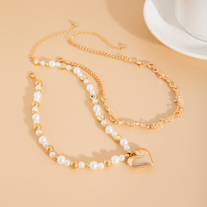 Jewelry Fashionable Heart Alloy Pendant Necklace Versatile Pearl Beaded Collarbone Chain Multi-Layer