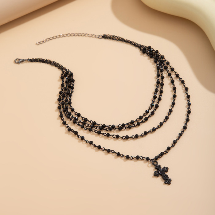 Jewelry Halloween Cross Pendant Crystal Necklace Dark Style Layered Alloy Collarbone Chain