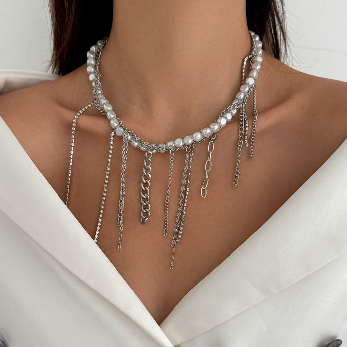 European and American Cross-Border Cream Sweet Style Heart Pendant Collarbone Chain Personality Irregular Turquoise Imitation Pearl Necklace for Women