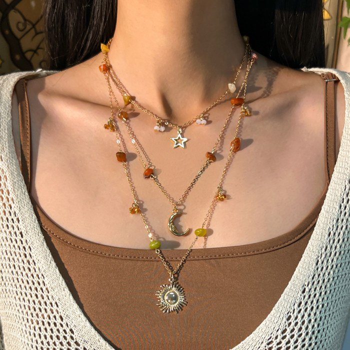 Jewelry Bohemian Niche Stone Beaded Necklace Vintage Chain Tassel Collarbone Chain Set