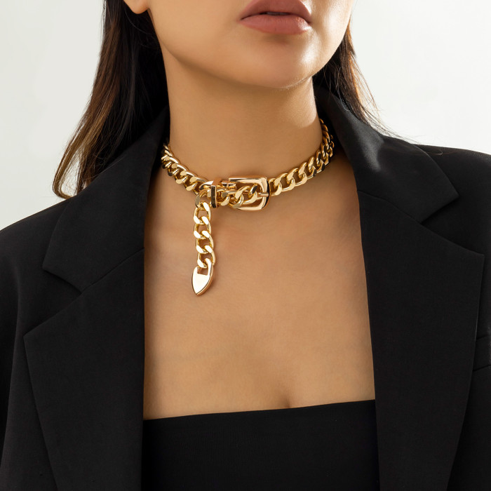 Hip-Hop Minimalist Design Belt Buckle Chain Collarbone Necklace Retro Cool Style Personality Necklace