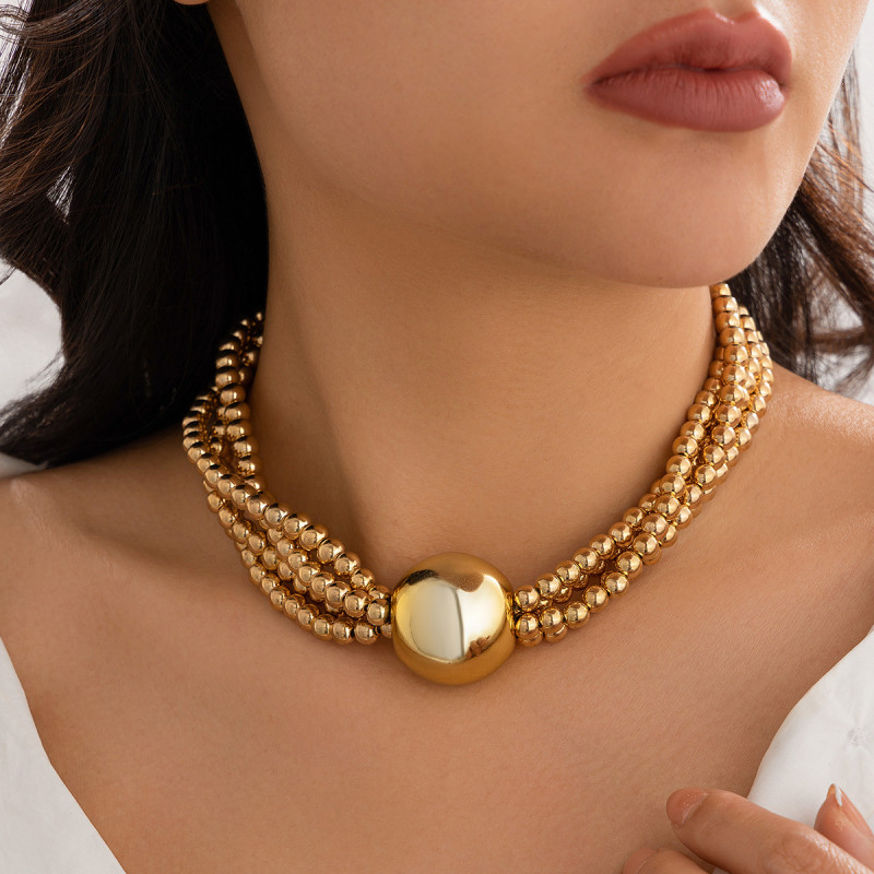 European and American Cross-Border Jewelry Exaggerated Round Bead Pendant Collarbone Necklace for Women Hip-Hop Trendy Metal Multi-Layer Pearl Necklace