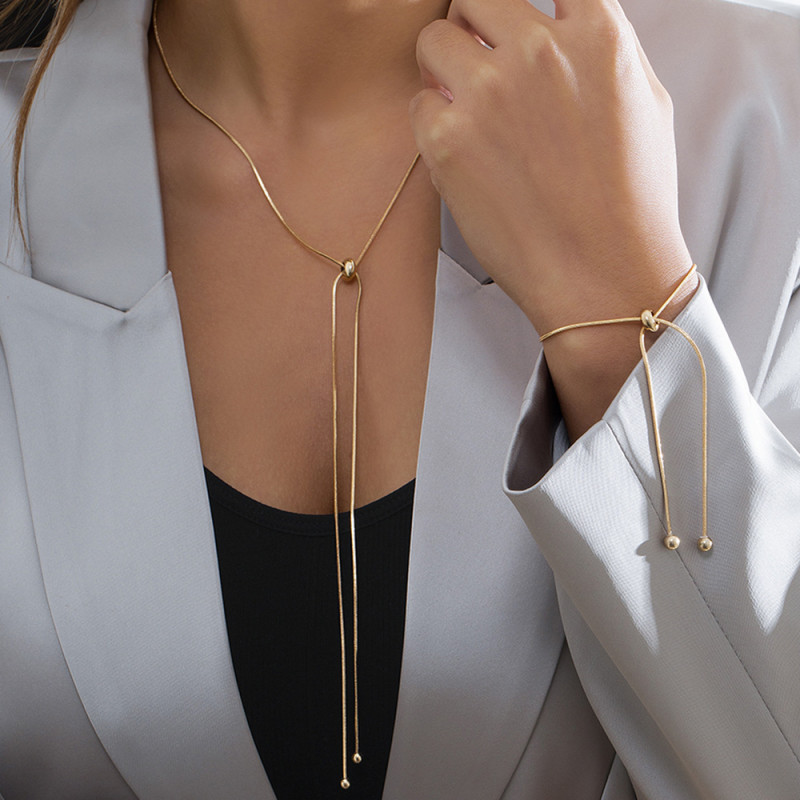 European and American Cross-Border Jewelry Simple Versatile Long Tassel Necklace Fashion Adjustable Metal Square Snake Bone Chain Necklace