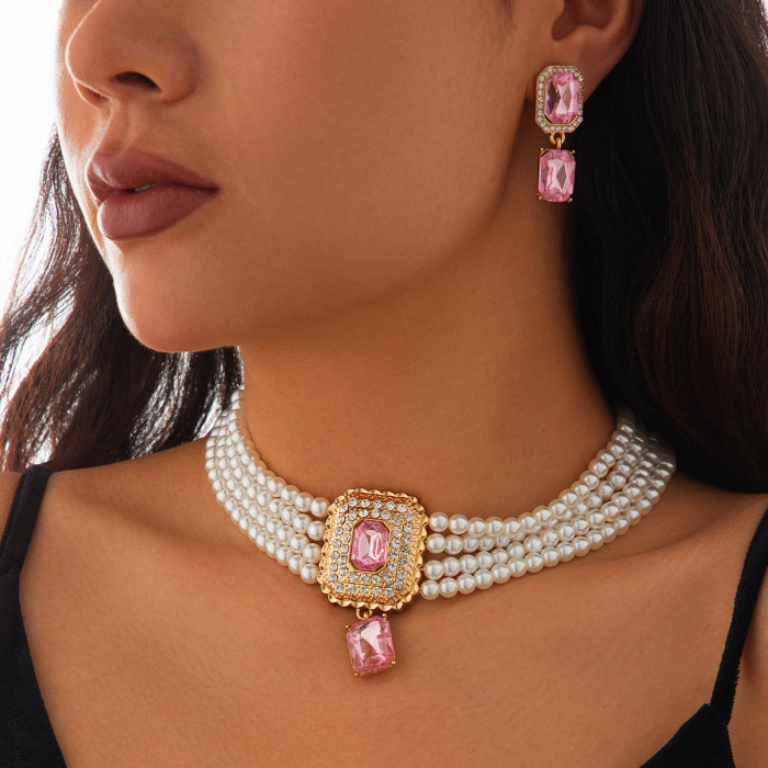 Jewelry Fashionable Imitation Pearl Necklace Set Light Luxury Geometric Alloy Multi-Layer Collarbone Chain