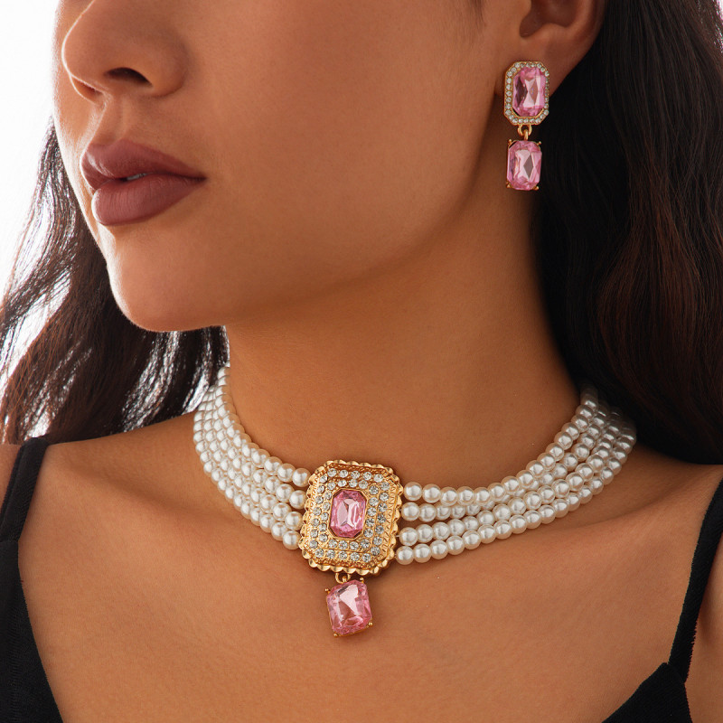 European and American Cross-Border Jewelry Fashionable Imitation Pearl Necklace Set Light Luxury Geometric Alloy Multi-Layer Collarbone Chain