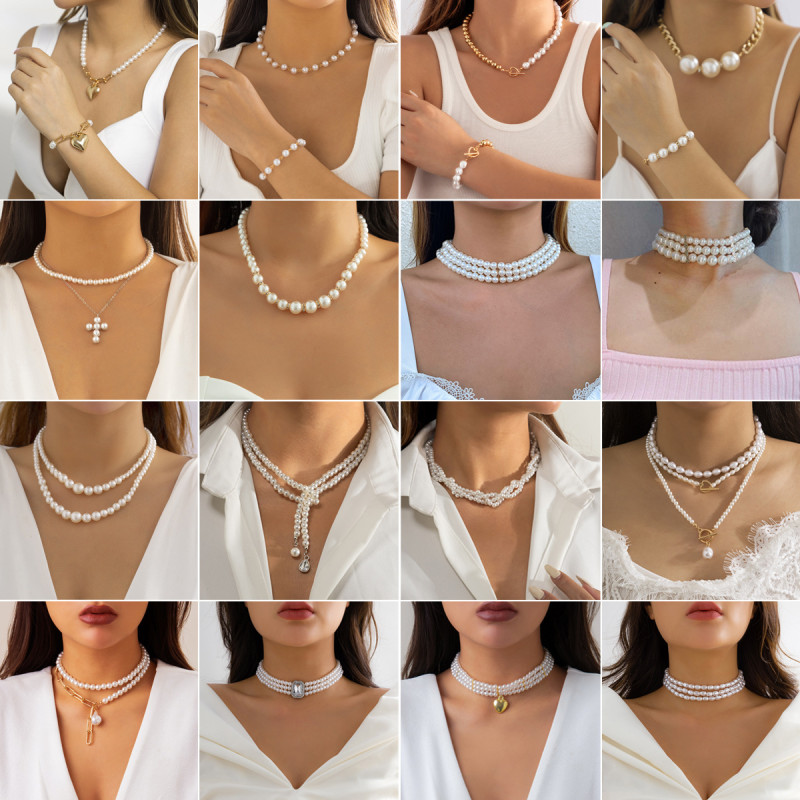 European and American Cross-Border Jewelry Simple French Imitation Pearl Collarbone Chain Necklace Sweet Cool Style Niche Heart Pendant Necklace
