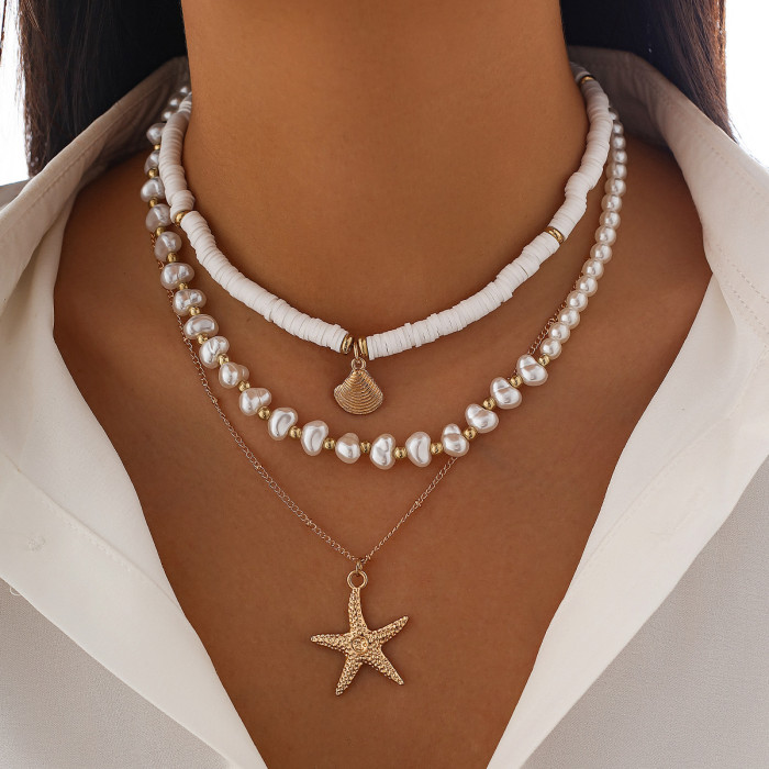 European and American Cross-Border Jewelry INS Starfish Imitation Pearl Necklace Set Niche Alloy Irregular Multi-Layer Collarbone Chain