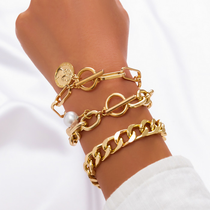 European and American Cross-Border Jewelry Retro Imitation Pearl Chain Beaded Bracelet Simple Alloy Heart Rhinestone Versatile Bangle