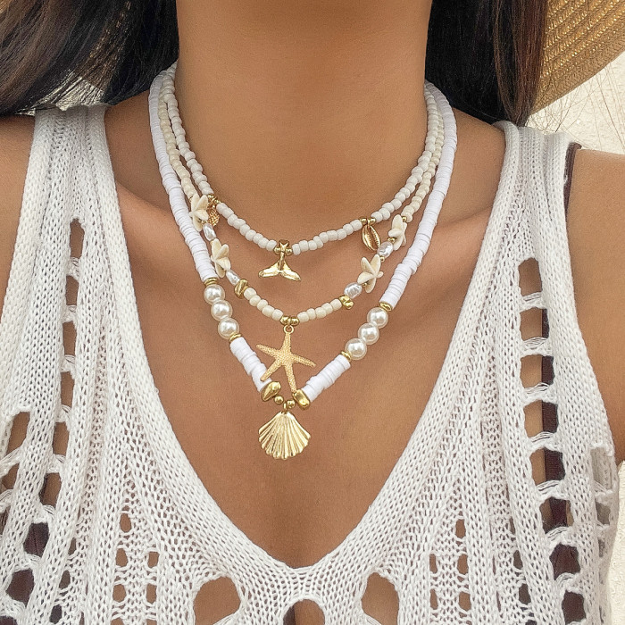 European and American Cross-Border Ocean Style Shell Turquoise Multi-Layer Necklace Beach Starfish Beaded Necklace Jewelry for Women