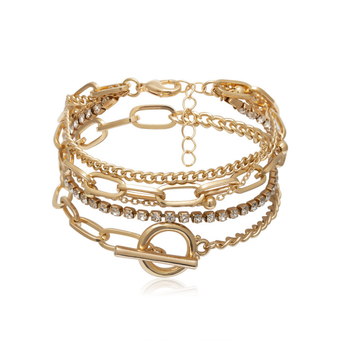 European and American Cross-Border Jewelry Simple Geometric OT Buckle Versatile Women's Jewelry Creative Mixed Diamond Inlaid Round Bead Multi-Layer Bracelet